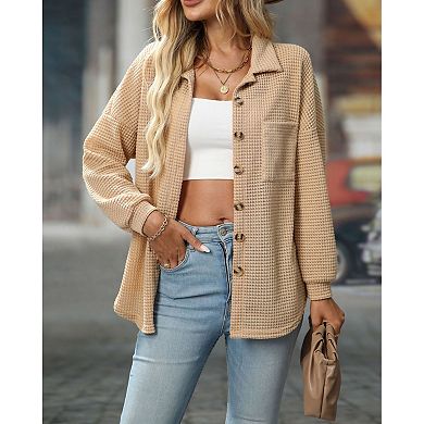 Womens Waffle Knit Button Down Shirts Oversized Long Sleeve Tops Loose Fit Shacket with Pocket