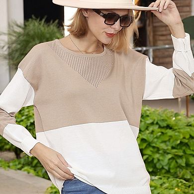 Women's Long Sleeve Color Block Pullover Top with Ribbed Crew Neck and Relaxed Fit