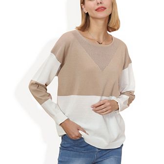 Women's Long Sleeve Color Block Pullover Top with Ribbed Crew Neck and Relaxed Fit
