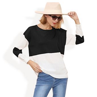 Women's Long Sleeve Color Block Pullover Top with Ribbed Crew Neck and Relaxed Fit