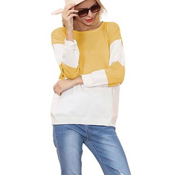 Women's Long Sleeve Color Block Pullover Top with Ribbed Crew Neck and Relaxed Fit