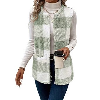 Plaid Fleece Vests for Women Sleeveless Coats with Pockets Open Front Sherpa Jackets Warm Outerwear