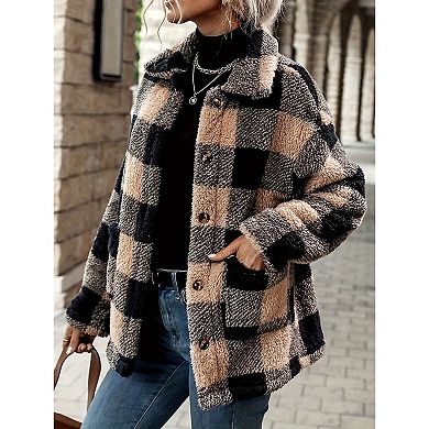Womens Plaid Fuzzy Lined Lapel Jackets Plush Sherpa Button Down Shacket Outerwear with Pockets