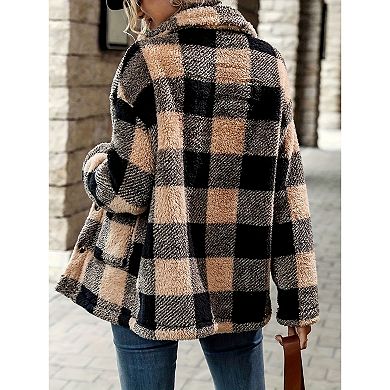 Womens Plaid Fuzzy Lined Lapel Jackets Plush Sherpa Button Down Shacket Outerwear with Pockets