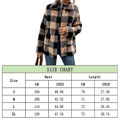 Womens Plaid Fuzzy Lined Lapel Jackets Plush Sherpa Button Down Shacket Outerwear with Pockets