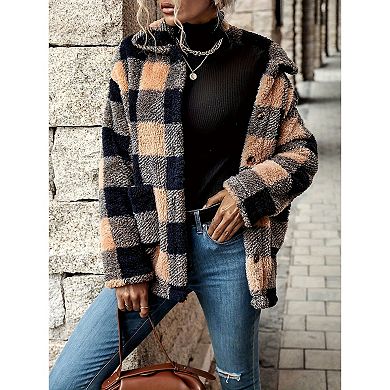 Womens Plaid Fuzzy Lined Lapel Jackets Plush Sherpa Button Down Shacket Outerwear with Pockets