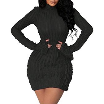 Womens High Neck Dresses Elegant Slim Bootcut Long Sleeve Warm Solid Bodycon Mini Dress