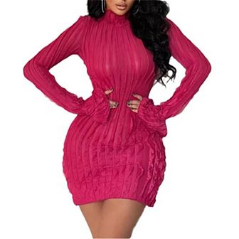 Womens High Neck Dresses Elegant Slim Bootcut Long Sleeve Warm Solid Bodycon Mini Dress