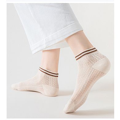 Women's 4-Pair Pack Lightweight Mesh Ankle Socks with Striped Cuffs Breathable Knit Texture