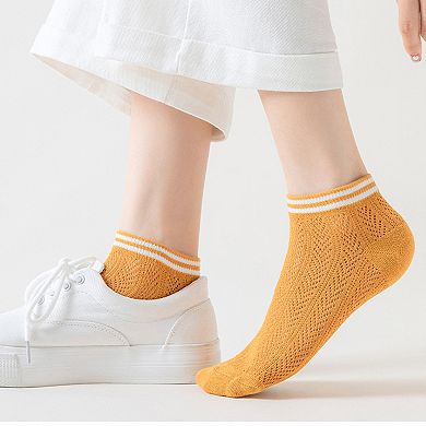 Women's 4-Pair Pack Lightweight Mesh Ankle Socks with Striped Cuffs Breathable Knit Texture