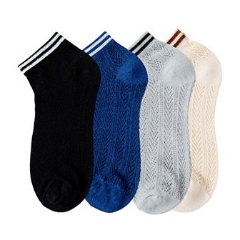 Women's 4-Pair Pack Lightweight Mesh Ankle Socks with Striped Cuffs Breathable Knit Texture