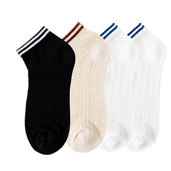 Women's 4-Pair Pack Lightweight Mesh Ankle Socks with Striped Cuffs Breathable Knit Texture