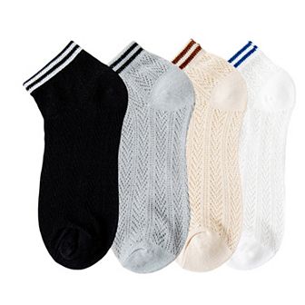 Women's 4-Pair Pack Lightweight Mesh Ankle Socks with Striped Cuffs Breathable Knit Texture