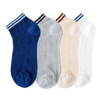 Women's 4-Pair Pack Lightweight Mesh Ankle Socks with Striped Cuffs Breathable Knit Texture
