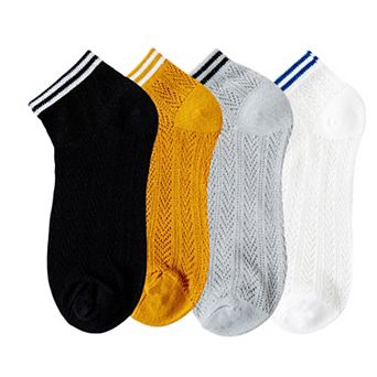 Women's 4-Pair Pack Lightweight Mesh Ankle Socks with Striped Cuffs Breathable Knit Texture