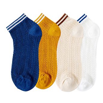 Women's 4-Pair Pack Lightweight Mesh Ankle Socks with Striped Cuffs Breathable Knit Texture