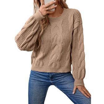 Womens Cable Knit Sweater Crewneck Long Sleeve Pullover Casual Relaxed Fit Fall Winter Top
