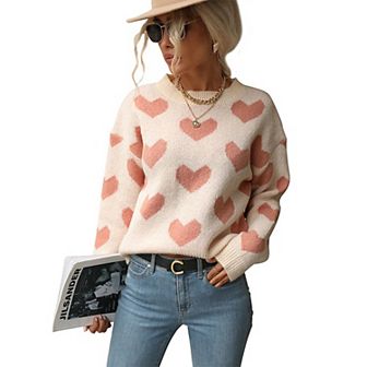 Womens Cute Heart Y2k Love Print Sweater Valentines Long Sleeve Knitted Top Casual Pullover
