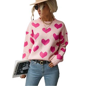 Womens Cute Heart Y2k Love Print Sweater Valentines Long Sleeve Knitted Top Casual Pullover