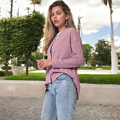 Women's Long Sleeve Button Down Knit Cardigan Top with Textured Pattern and Relaxed Fit
