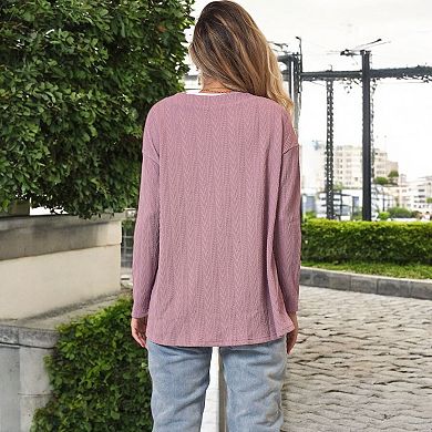 Women's Long Sleeve Button Down Knit Cardigan Top with Textured Pattern and Relaxed Fit