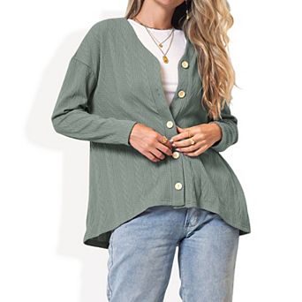 Women's Long Sleeve Button Down Knit Cardigan Top with Textured Pattern and Relaxed Fit