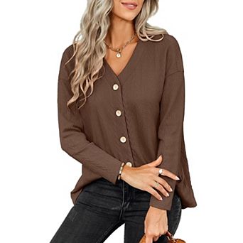 Women's Long Sleeve Button Down Knit Cardigan Top with Textured Pattern and Relaxed Fit
