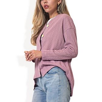 Women's Long Sleeve Button Down Knit Cardigan Top with Textured Pattern and Relaxed Fit