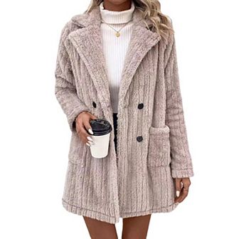 Womens Fleece Jackets Oversized Long Sleeve Fuzzy Coats Lapel Collar Outwear with Pockets