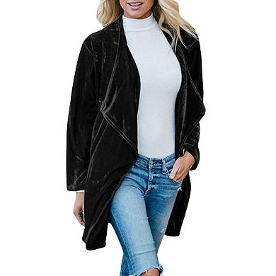 Womens Lapel Velvet Drape Jacket Open Front Cardigan Outwear with Pockets.