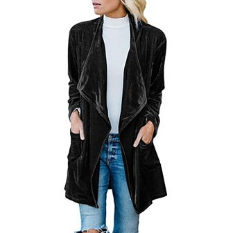Womens Lapel Velvet Drape Jacket Open Front Cardigan Outwear with Pockets.