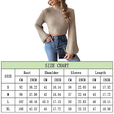 Womens Cropped Tops Bell Sleeve Ribbed Knit Pullover Sweater Top
