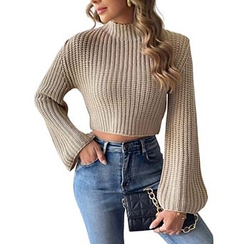 Womens Cropped Tops Bell Sleeve Ribbed Knit Pullover Sweater Top