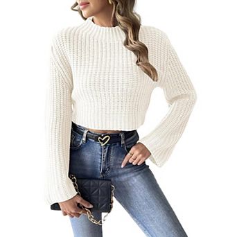 Womens Cropped Tops Bell Sleeve Ribbed Knit Pullover Sweater Top