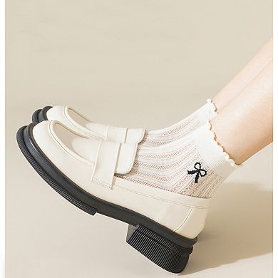 Women's 4-Pair Pack Sheer Ribbed Ankle Socks with Ruffled Trim and Embroidered Bow Detail