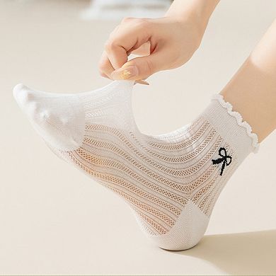 Women's 4-Pair Pack Sheer Ribbed Ankle Socks with Ruffled Trim and Embroidered Bow Detail