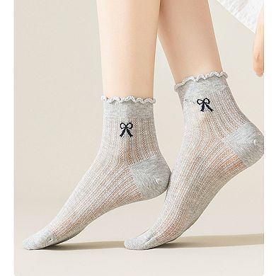 Women's 4-Pair Pack Sheer Ribbed Ankle Socks with Ruffled Trim and Embroidered Bow Detail