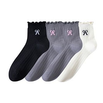 Women's 4-Pair Pack Sheer Ribbed Ankle Socks with Ruffled Trim and Embroidered Bow Detail