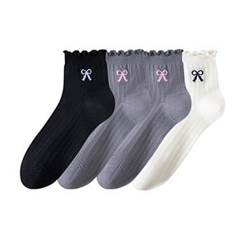 Women's 4-Pair Pack Sheer Ribbed Ankle Socks with Ruffled Trim and Embroidered Bow Detail