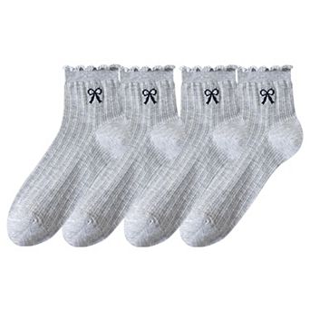 Women's 4-Pair Pack Sheer Ribbed Ankle Socks with Ruffled Trim and Embroidered Bow Detail