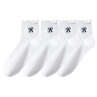 Women's 4-Pair Pack Sheer Ribbed Ankle Socks with Ruffled Trim and Embroidered Bow Detail