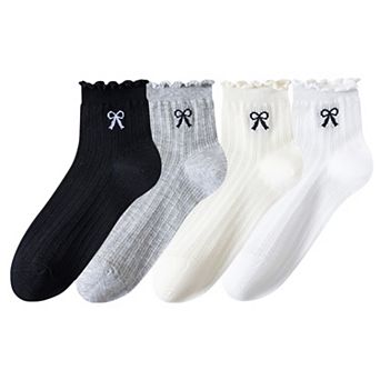 Women's 4-Pair Pack Sheer Ribbed Ankle Socks with Ruffled Trim and Embroidered Bow Detail
