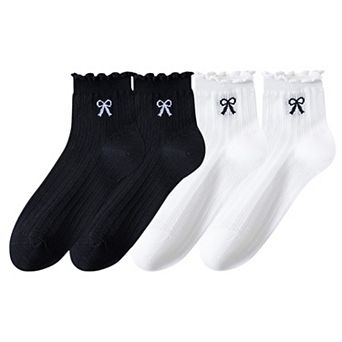 Women's 4-Pair Pack Sheer Ribbed Ankle Socks with Ruffled Trim and Embroidered Bow Detail