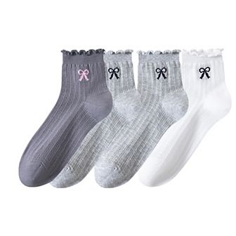 Women's 4-Pair Pack Sheer Ribbed Ankle Socks with Ruffled Trim and Embroidered Bow Detail