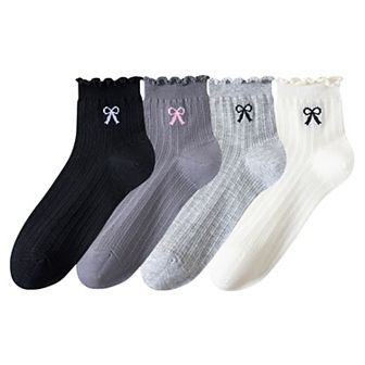 Women's 4-Pair Pack Sheer Ribbed Ankle Socks with Ruffled Trim and Embroidered Bow Detail