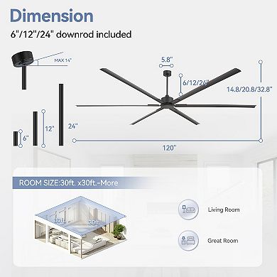120-Inch Large HVLS Commercial Ceiling Fan, DC Motor, 6-Speed, Aluminum Blades, 6"/12"/24" Downrods