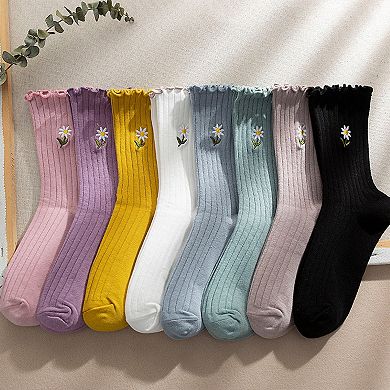 Women's 4 Pairs Ribbed Knit Socks with Daisy Embroidery Lettuce Edge Cuffs Soft Stretch Fabric