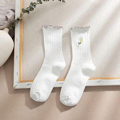 Women's 4 Pairs Ribbed Knit Socks with Daisy Embroidery Lettuce Edge Cuffs Soft Stretch Fabric