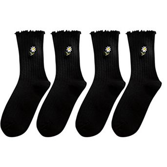 Women's 4 Pairs Ribbed Knit Socks with Daisy Embroidery Lettuce Edge Cuffs Soft Stretch Fabric