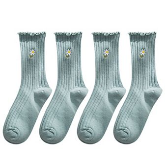 Women's 4 Pairs Ribbed Knit Socks with Daisy Embroidery Lettuce Edge Cuffs Soft Stretch Fabric